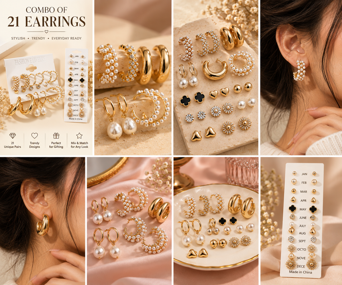 Combo of 21 Pairs Trendy Gold & Pearl Earrings for Women & Girls | Stylish Studs, Hoops & Everyday Fashion Jewellery
