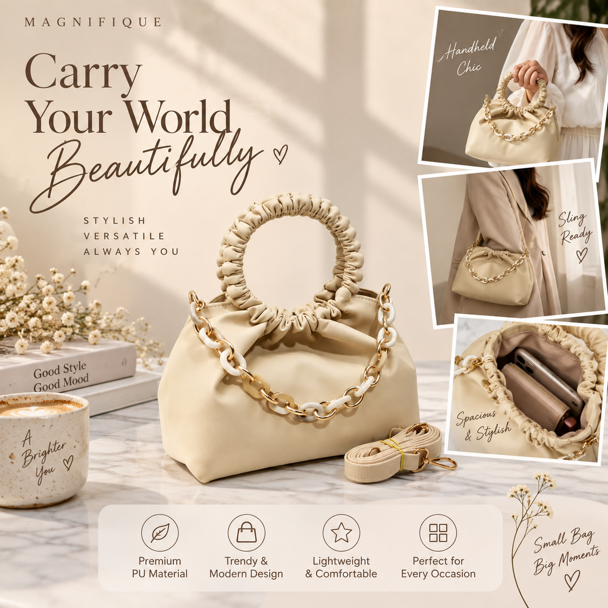 Women’s Stylish Ruched Handle Sling Bag | Korean Crossbody Handbag | Trendy Shoulder Bag for Girls | Lightweight PU Handbag