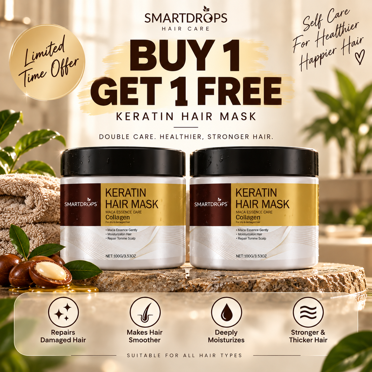 Keratin Hair Mask with Collagen – Deep Repair & Moisturizing Hair Treatment | For Dry & Damaged Hair | Buy 1 Get 1 Free