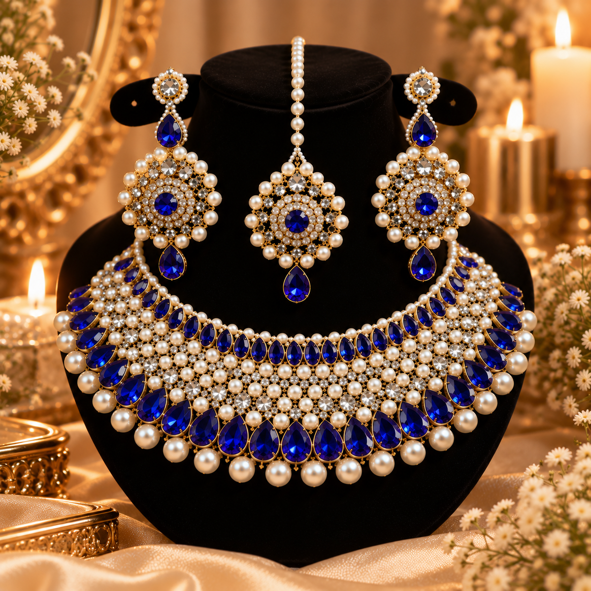 Royal Pearl & American Diamond Bridal Jewellery Set  Necklace, Earrings & Maang Tikka