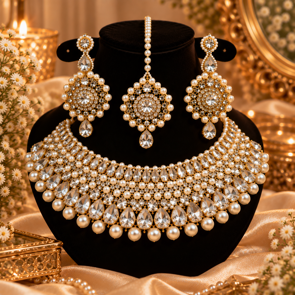 Royal Pearl & American Diamond Bridal Jewellery Set  Necklace, Earrings & Maang Tikka