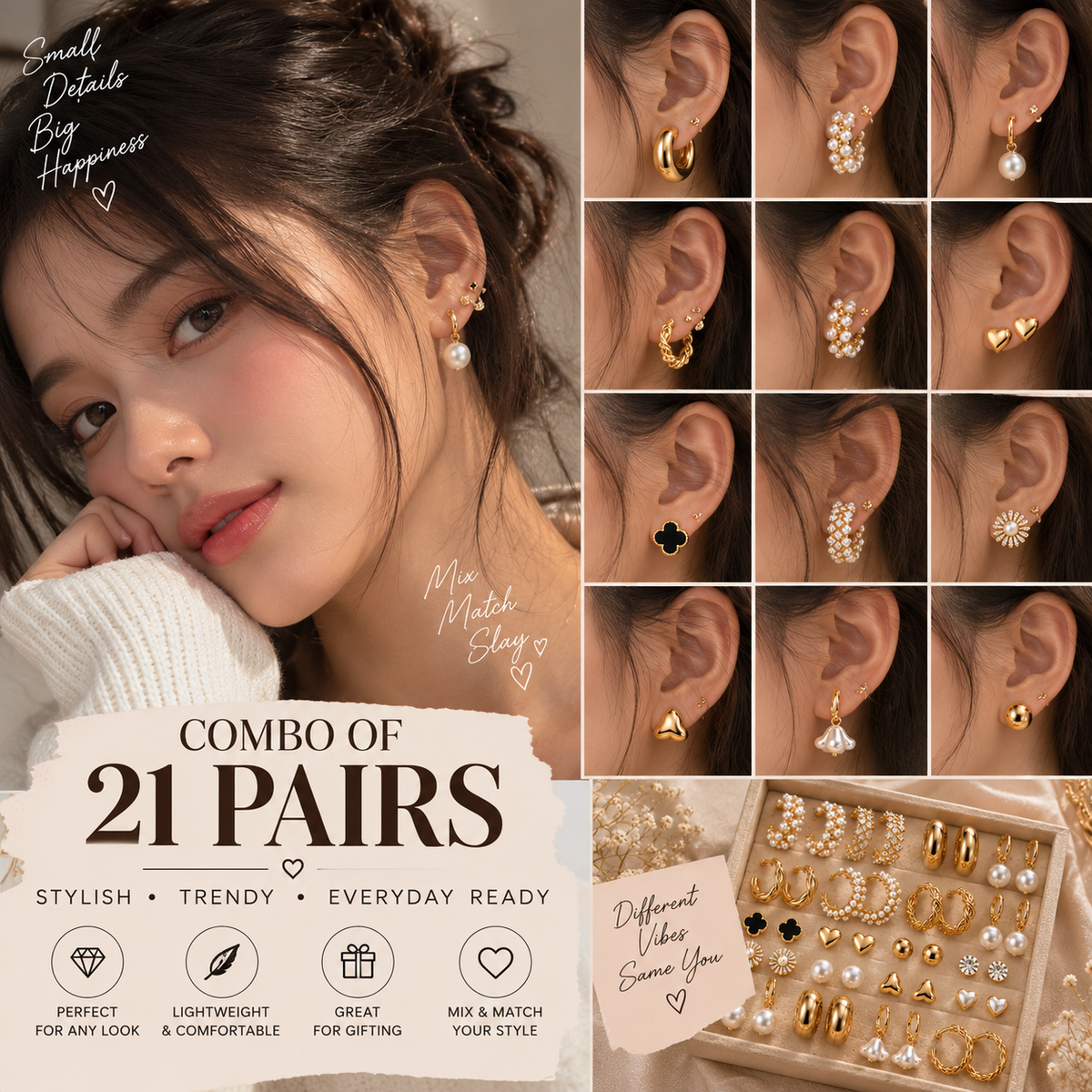 Combo of 21 Pairs Trendy Gold & Pearl Earrings for Women & Girls | Stylish Studs, Hoops & Everyday Fashion Jewellery