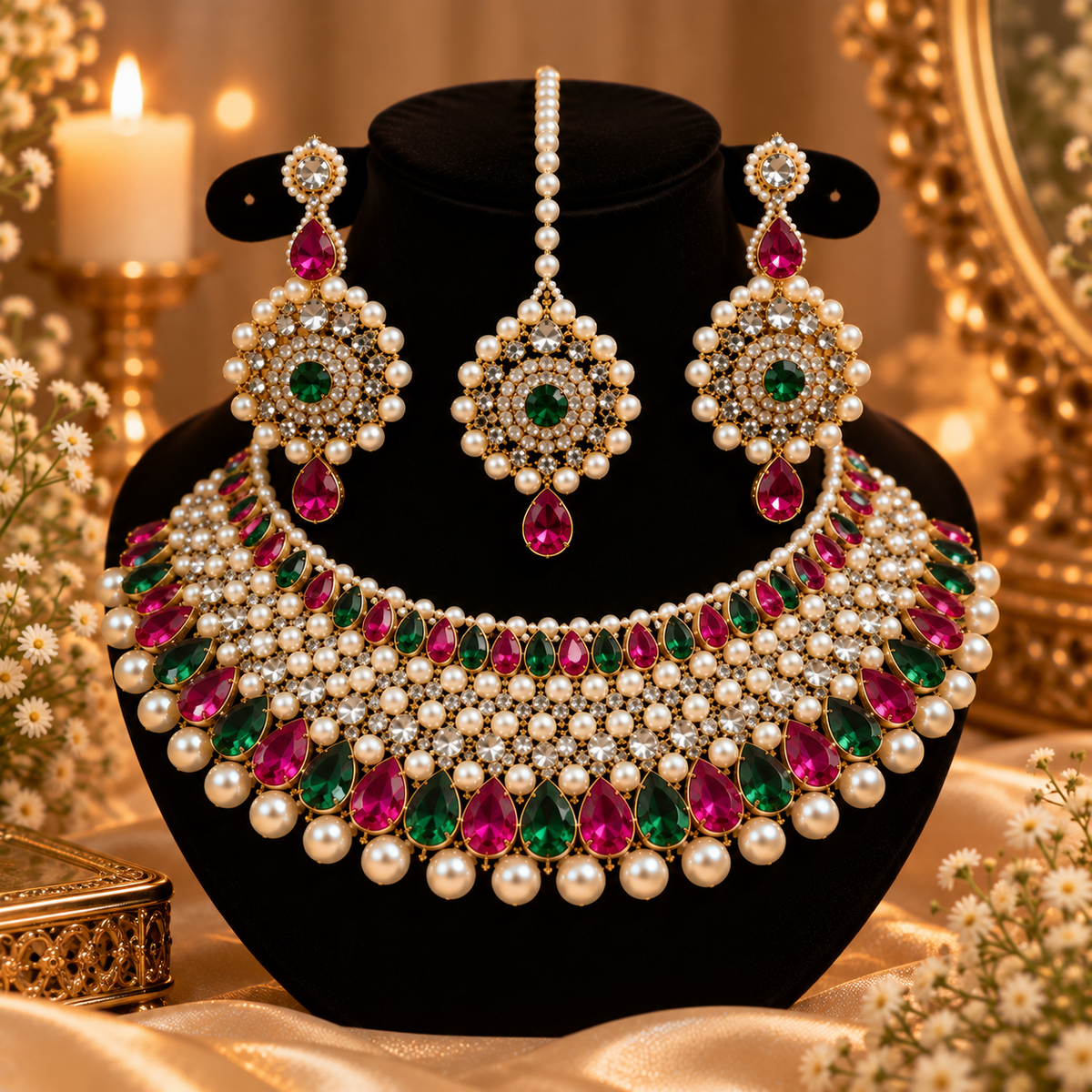 Royal Pearl & American Diamond Bridal Jewellery Set  Necklace, Earrings & Maang Tikka
