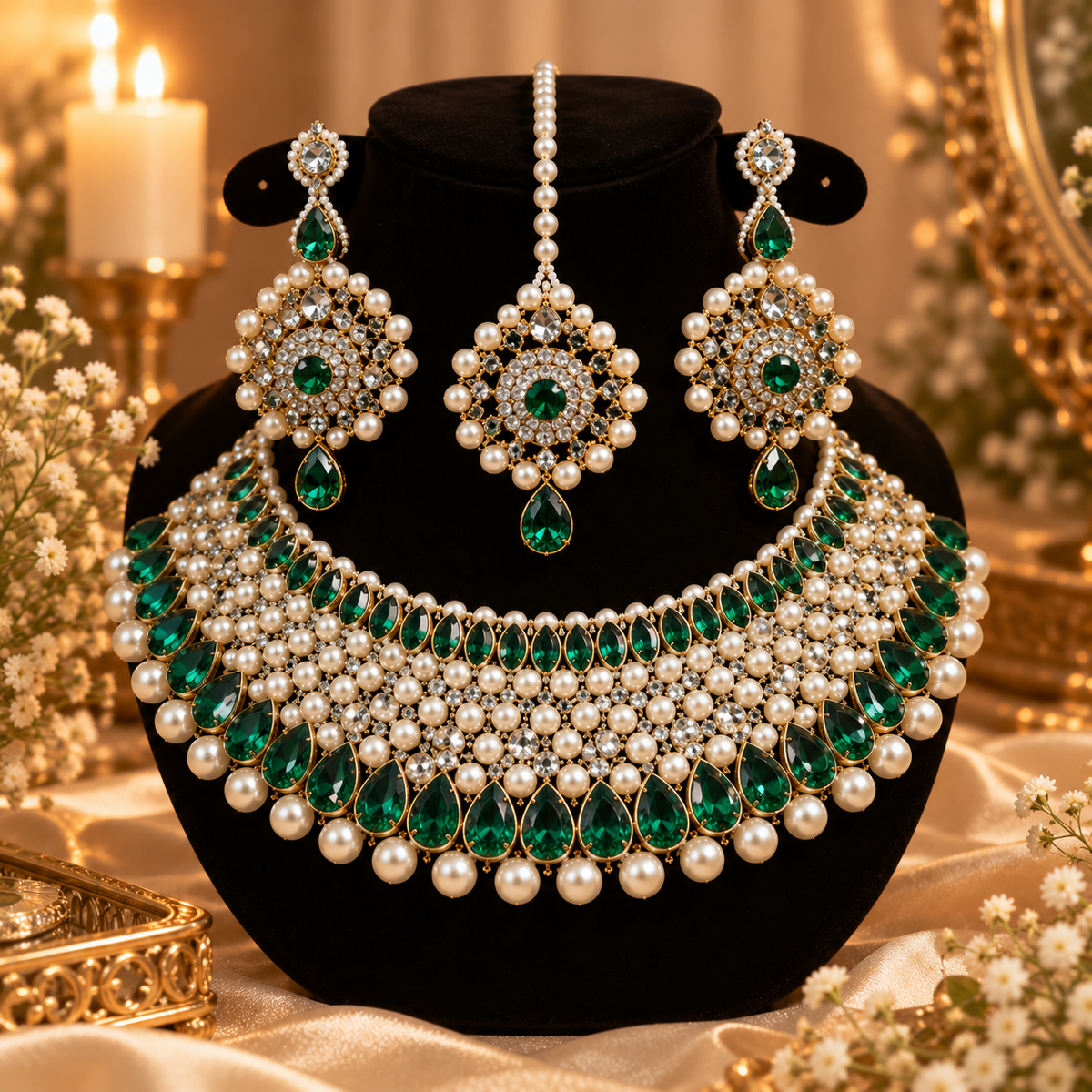 Royal Pearl & American Diamond Bridal Jewellery Set  Necklace, Earrings & Maang Tikka