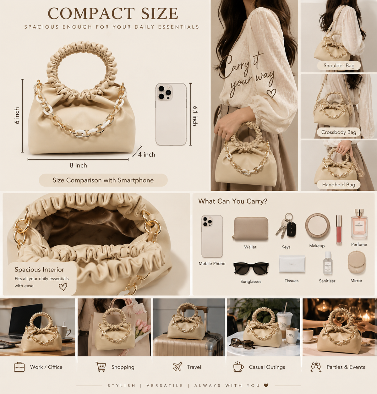 Women’s Stylish Ruched Handle Sling Bag | Korean Crossbody Handbag | Trendy Shoulder Bag for Girls | Lightweight PU Handbag