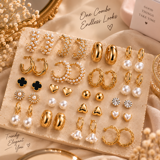Combo of 21 Pairs Trendy Gold & Pearl Earrings for Women & Girls | Stylish Studs, Hoops & Everyday Fashion Jewellery