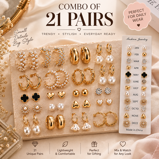 Combo of 21 Pairs Trendy Gold & Pearl Earrings for Women & Girls | Stylish Studs, Hoops & Everyday Fashion Jewellery