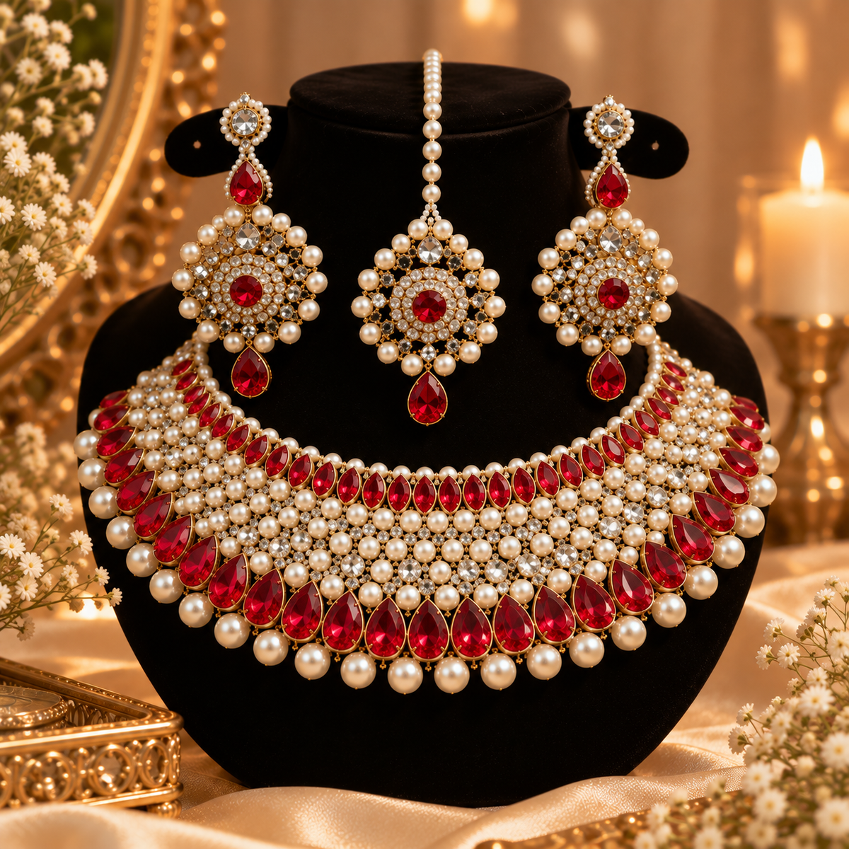 Royal Pearl & American Diamond Bridal Jewellery Set  Necklace, Earrings & Maang Tikka
